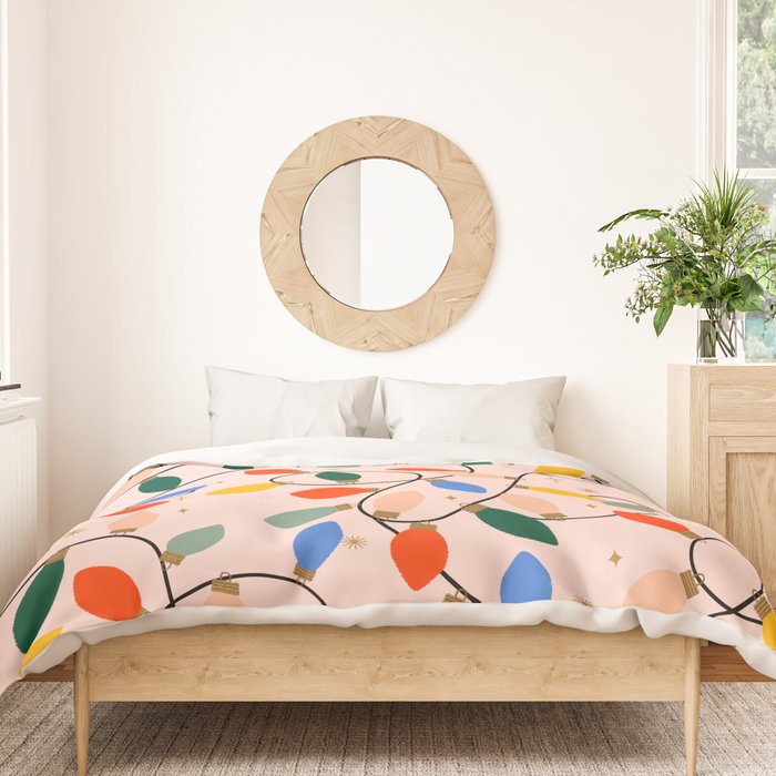 Colorful Holiday String Lights Pattern on Peach Background Duvet Cover Gallery Image 3
