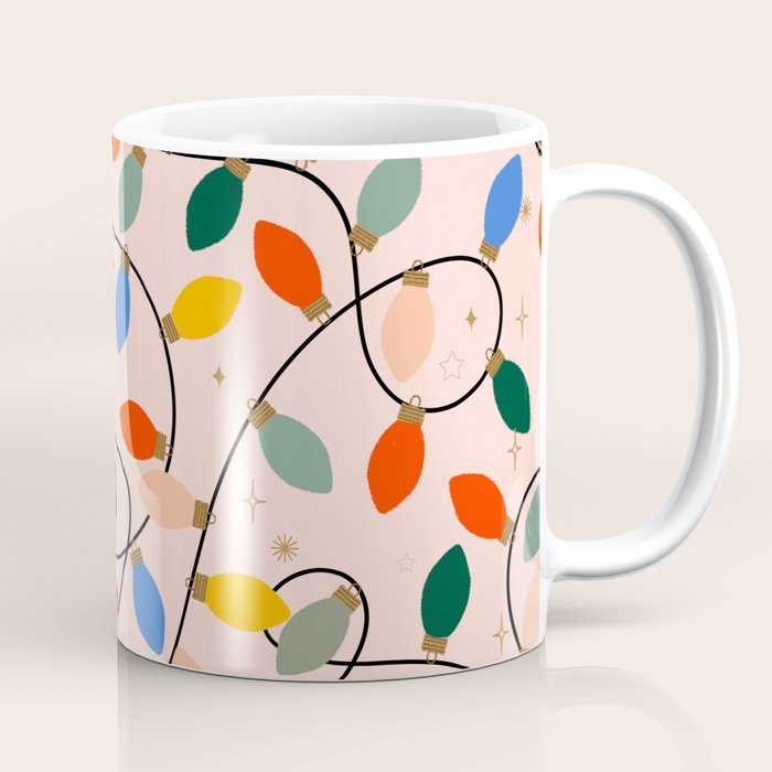 Colorful Holiday String Lights Pattern on Peach Background Coffee Mug Gallery Image 1