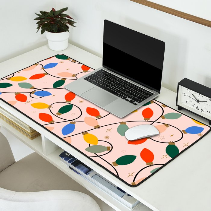 Colorful Holiday String Lights Pattern on Peach Background Desk Mat Gallery Image 2