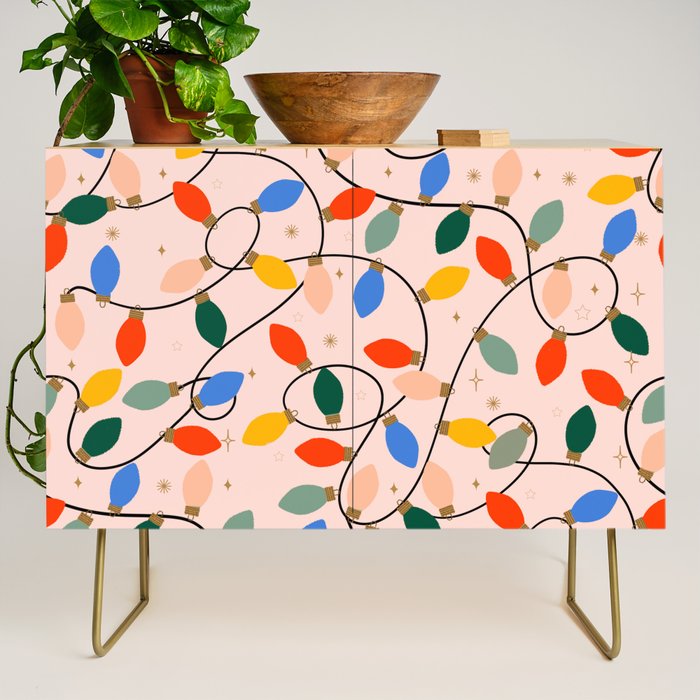 Colorful Holiday String Lights Pattern on Peach Background Credenza Gallery Image 1