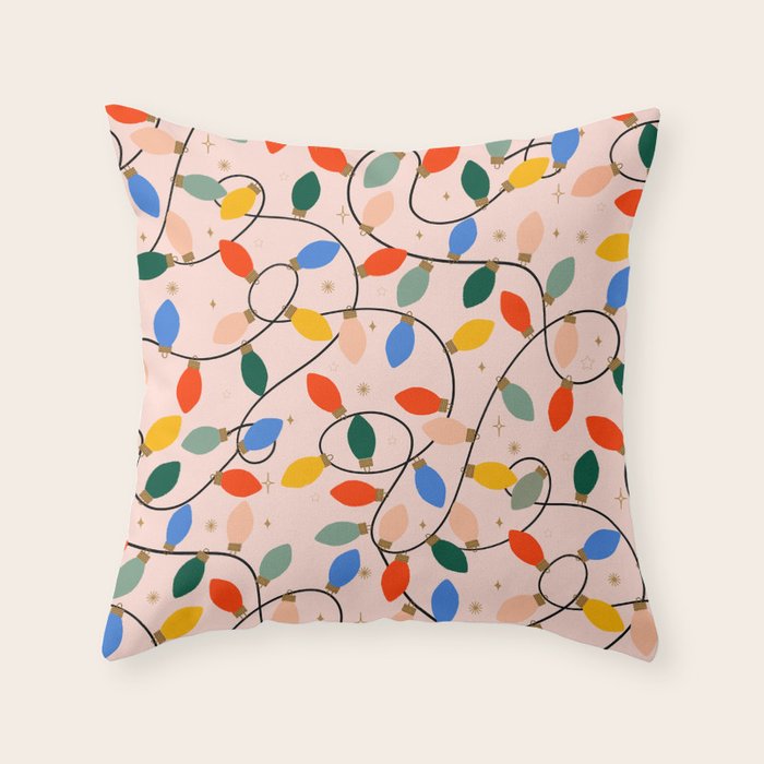 Colorful Holiday String Lights Pattern on Peach Background Throw Pillow Gallery Image 6
