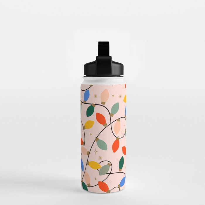 Colorful Holiday String Lights Pattern on Peach Background Water Bottle Gallery Image 2