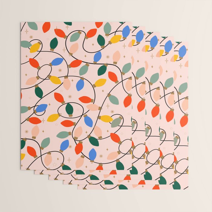 Colorful Holiday String Lights Pattern on Peach Background Wrapping Paper Gallery Image 3