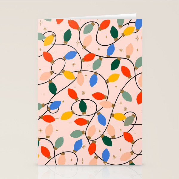Colorful Holiday String Lights Pattern on Peach Background Stationery Card Gallery Image 1