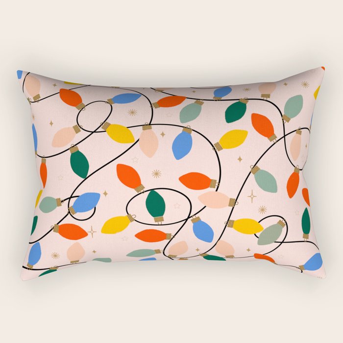 Colorful Holiday String Lights Pattern on Peach Background Rectangular Pillow Gallery Image 1