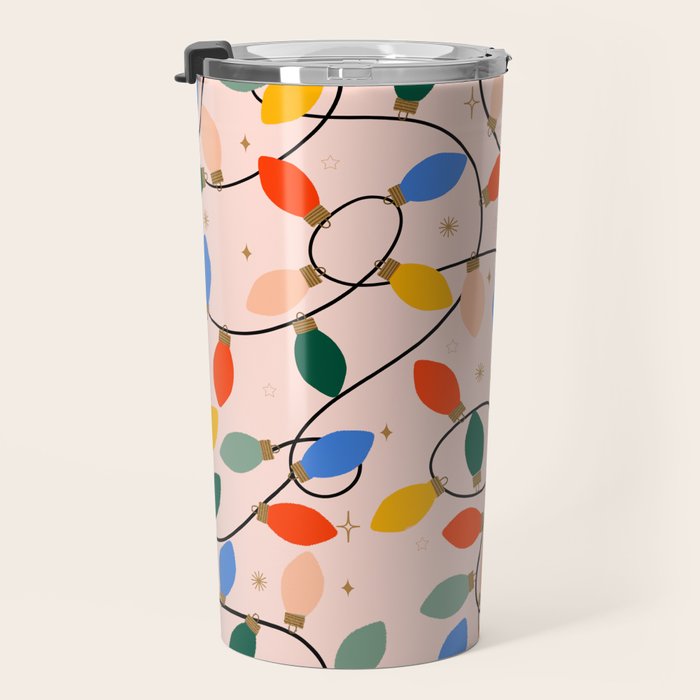Colorful Holiday String Lights Pattern on Peach Background Travel Mug Gallery Image 3