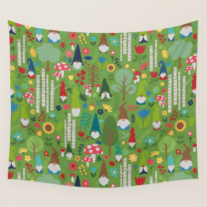 Gnomes In the Garden Green Wall Tapestry Gallery Image 4