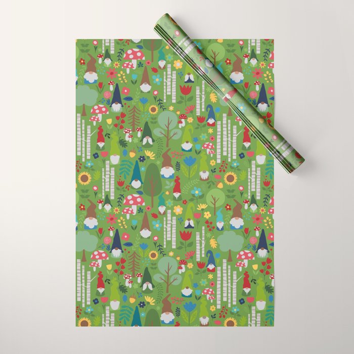 Gnomes In the Garden Green Wrapping Paper Gallery Image 1