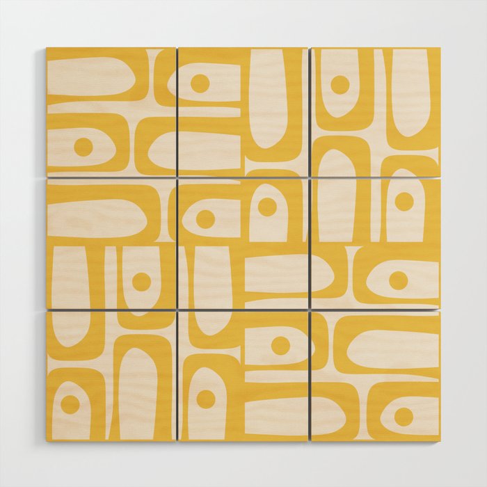 Mid Century Modern Abstract Lemon Yellow and Off White Piquet Multi Pattern  Wood Wall Art Gallery Image 1