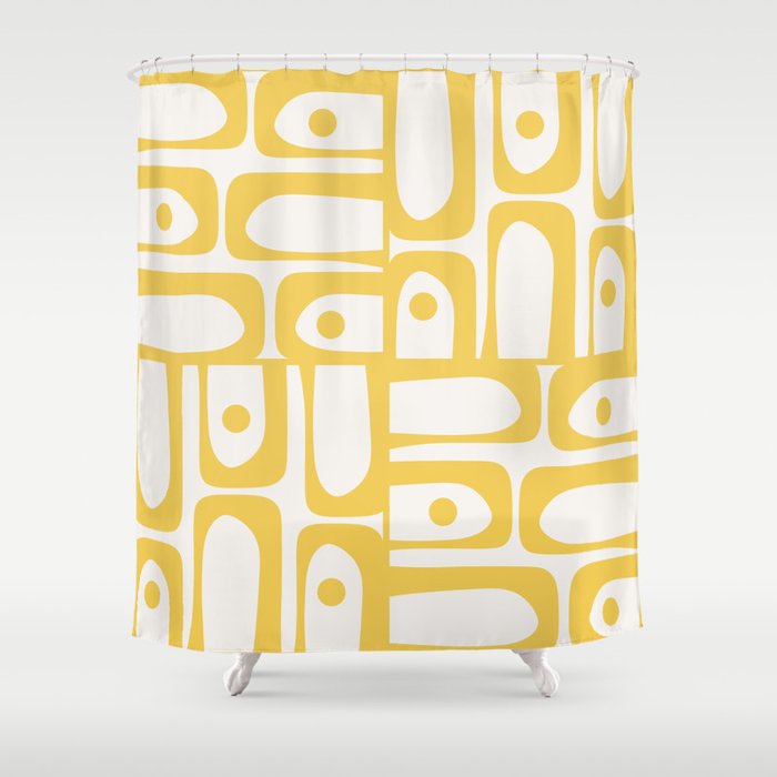 Mid Century Modern Abstract Lemon Yellow and Off White Piquet Multi Pattern  Shower Curtain Gallery Image 1