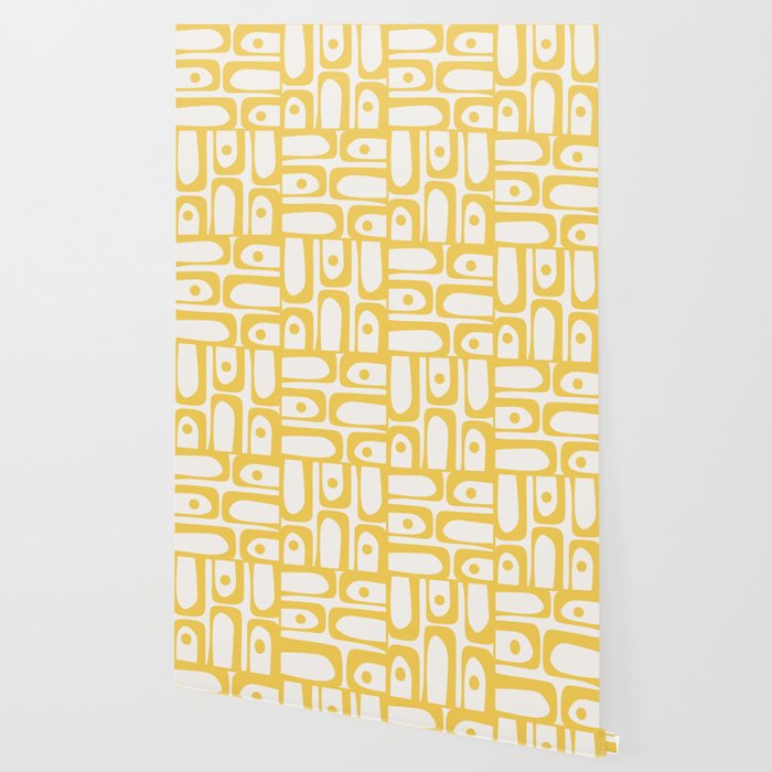 Mid Century Modern Abstract Lemon Yellow and Off White Piquet Multi Pattern  Wallpaper Gallery Image 2