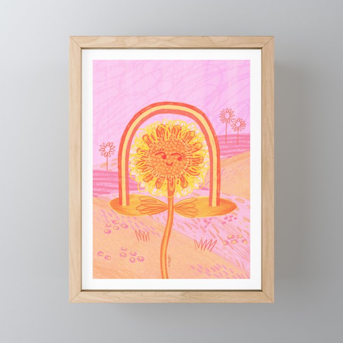 Retro Sunflower & Rainbow in Pink Mini Art Print Gallery Image 1