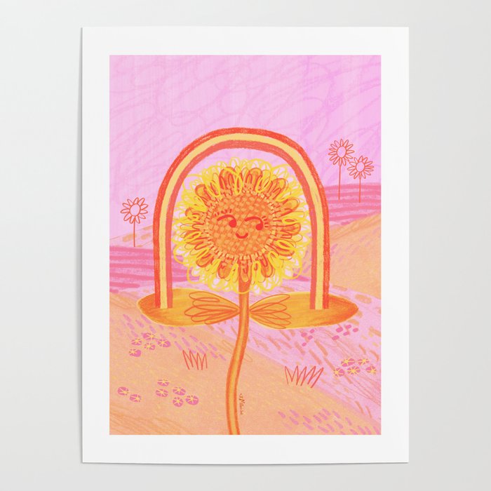 Retro Sunflower & Rainbow in Pink Poster Gallery Image 1