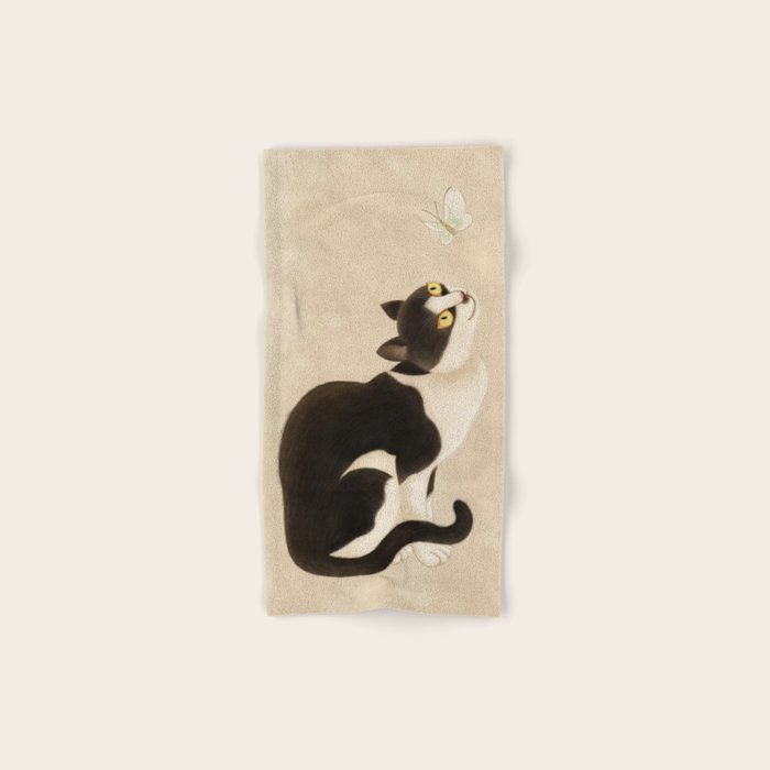 Minhwa: cat & butterfly (Korean traditional/folk art) Bath Towel Gallery Image 1