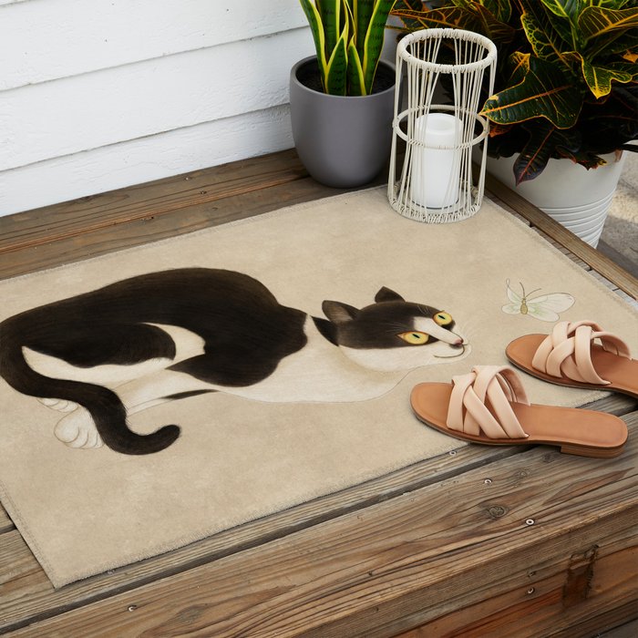 Minhwa: cat & butterfly (Korean traditional/folk art) Outdoor Rug Gallery Image 2