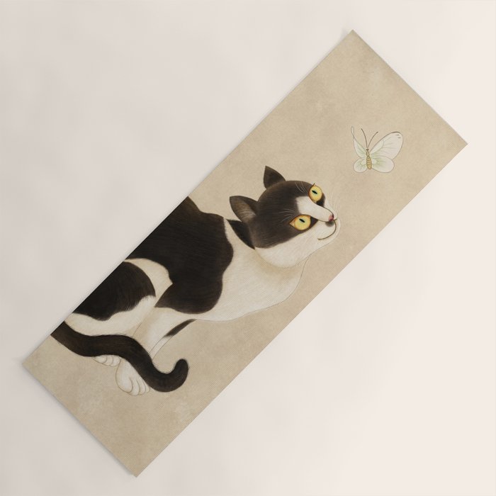 Minhwa: cat & butterfly (Korean traditional/folk art) Yoga Mat Gallery Image 1