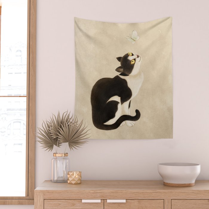 Minhwa: cat & butterfly (Korean traditional/folk art) Wall Tapestry Gallery Image 2