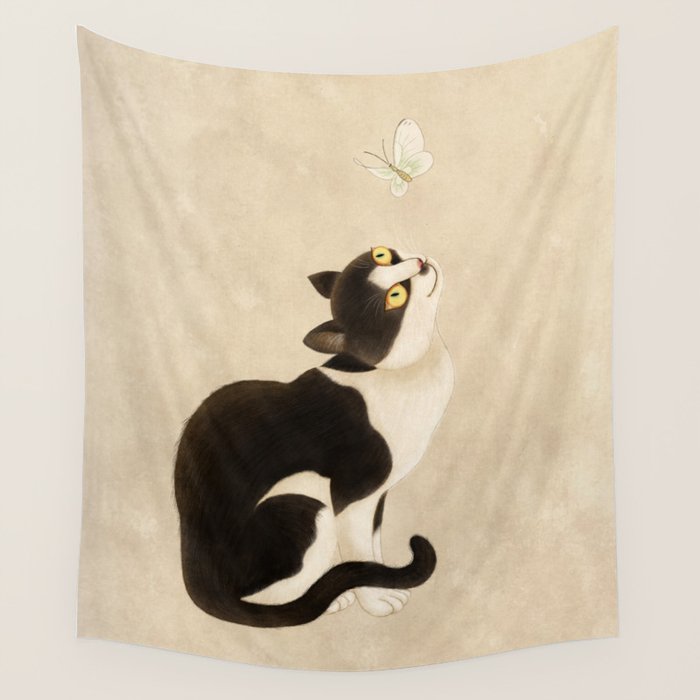 Minhwa: cat & butterfly (Korean traditional/folk art) Wall Tapestry Gallery Image 4