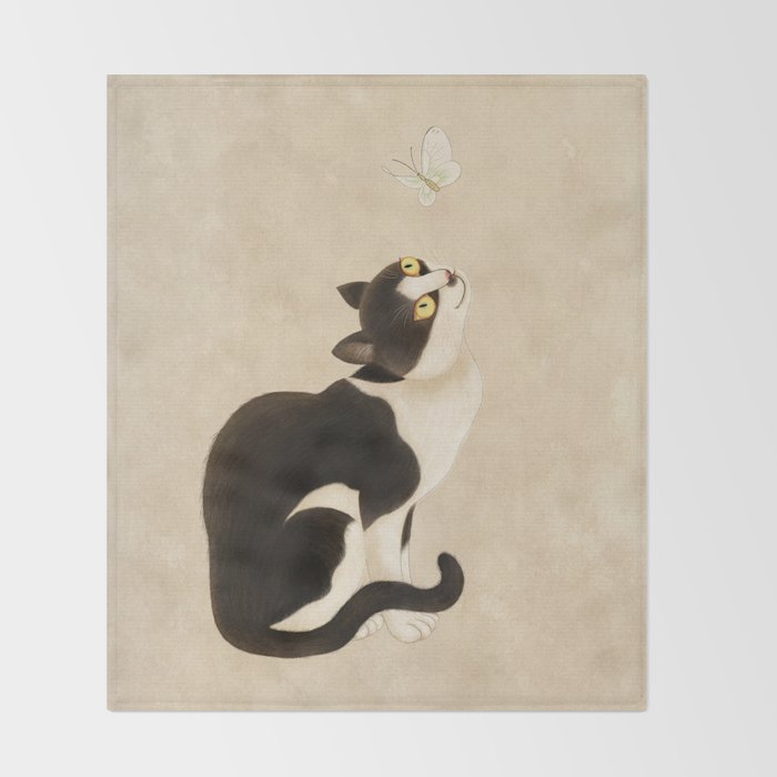 Minhwa: cat & butterfly (Korean traditional/folk art) Throw Blanket Gallery Image 2