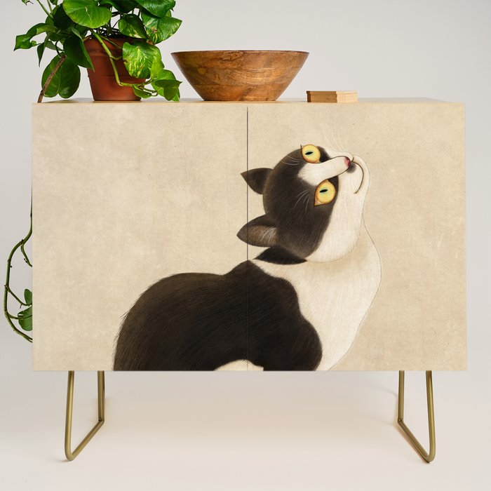Minhwa: cat & butterfly (Korean traditional/folk art) Credenza Gallery Image 1