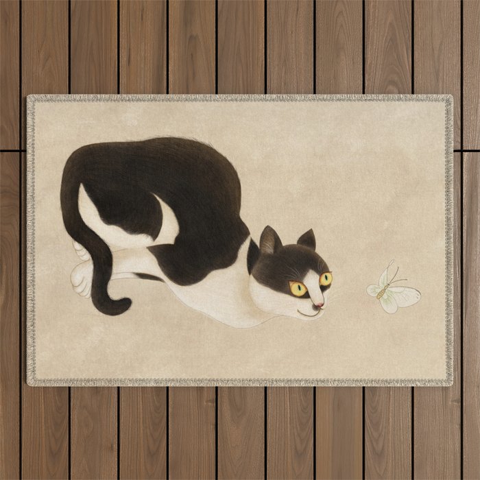 Minhwa: cat & butterfly (Korean traditional/folk art) Outdoor Rug Gallery Image 1