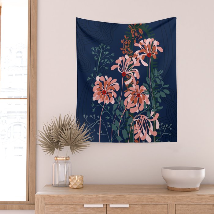 Alfons Mucha would love this flowers - dark blue Wall Tapestry Gallery Image 2