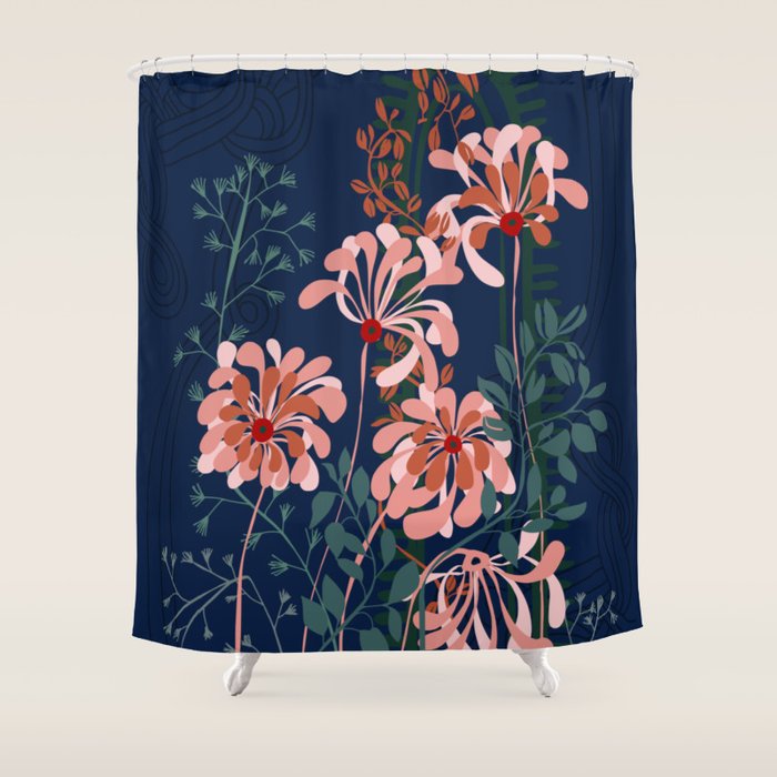 Alfons Mucha would love this flowers - dark blue Shower Curtain Gallery Image 1