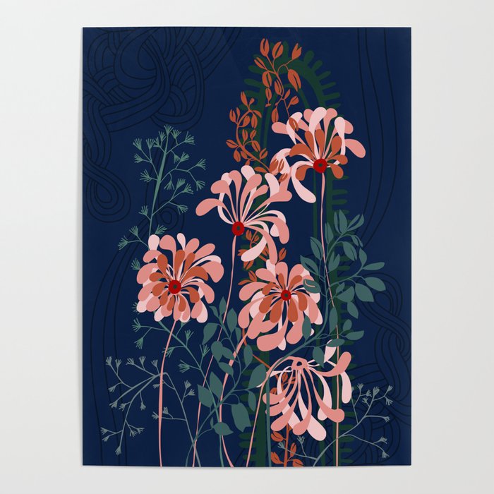 Alfons Mucha would love this flowers - dark blue Poster Gallery Image 1