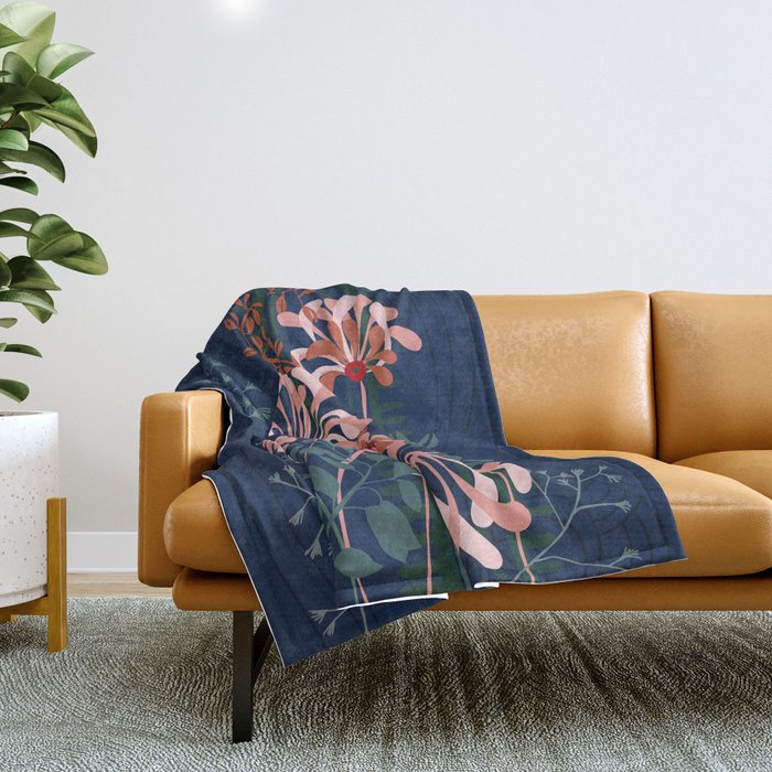 Alfons Mucha would love this flowers - dark blue Throw Blanket Gallery Image 1