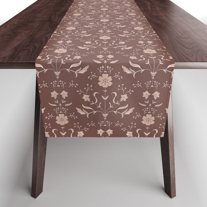 Cafe Block Print Floral - Brown Pink Table Runner Gallery Image 1