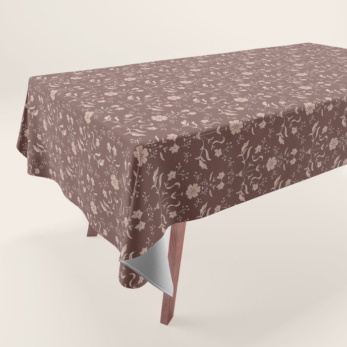 Cafe Block Print Floral - Brown Pink Tablecloth Gallery Image 1