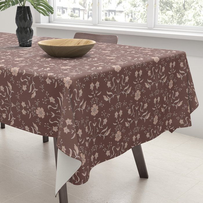 Cafe Block Print Floral - Brown Pink Tablecloth Gallery Image 3
