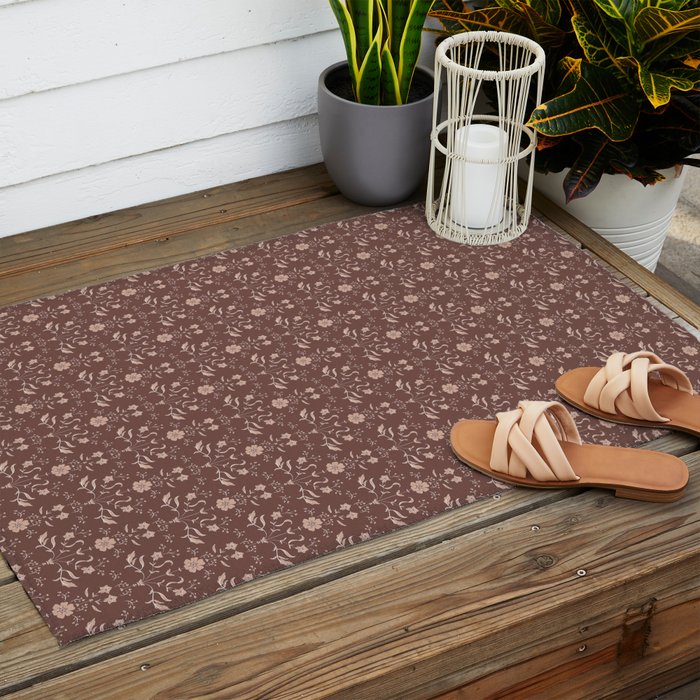 Cafe Block Print Floral - Brown Pink Outdoor Rug Gallery Image 2