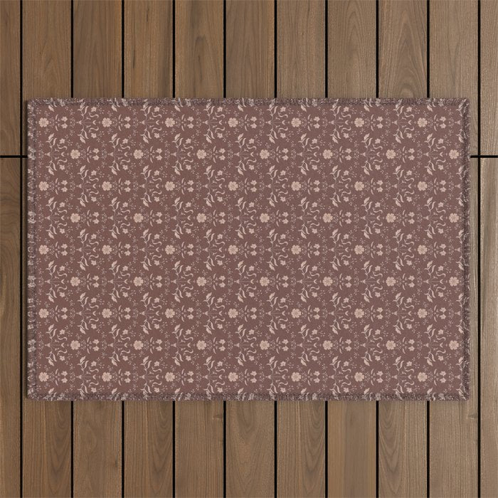 Cafe Block Print Floral - Brown Pink Outdoor Rug Gallery Image 1