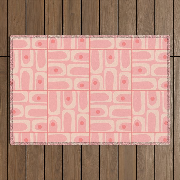 Mid Century Modern Piquet Multi Geometric Tiled Pattern in Blush Pink Outdoor Rug Gallery Image 1