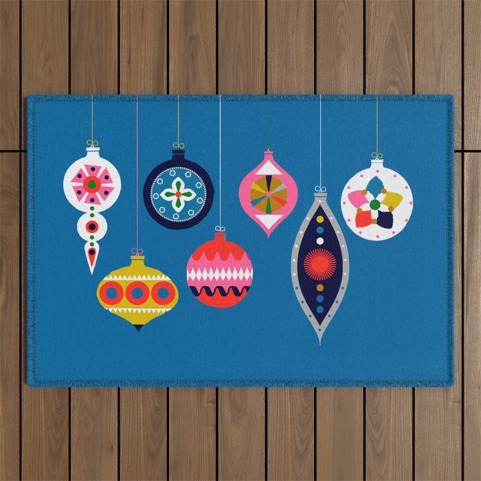 Retro Christmas Baubles on a dark background Outdoor Rug Gallery Image 1