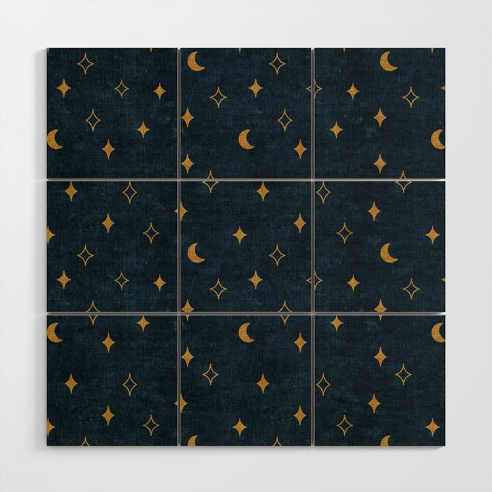 moon and stars - dark blue Wood Wall Art Gallery Image 1
