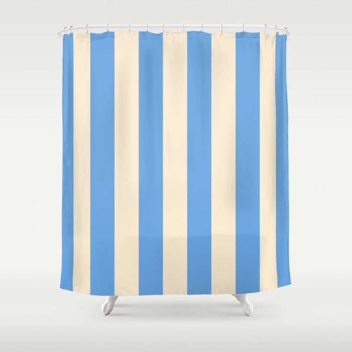 Retro Coastal Blue and White Stripes Shower Curtain Gallery Image 1