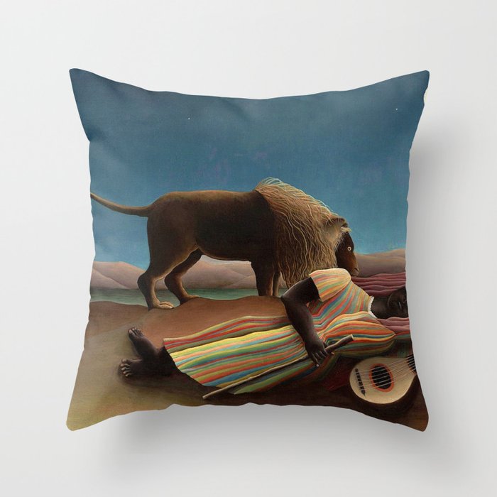 'The Sleeping Gypsy' Lion and Moon While Sleeping in the Desert by Henri Rousseau Throw Pillow Gallery Image 1