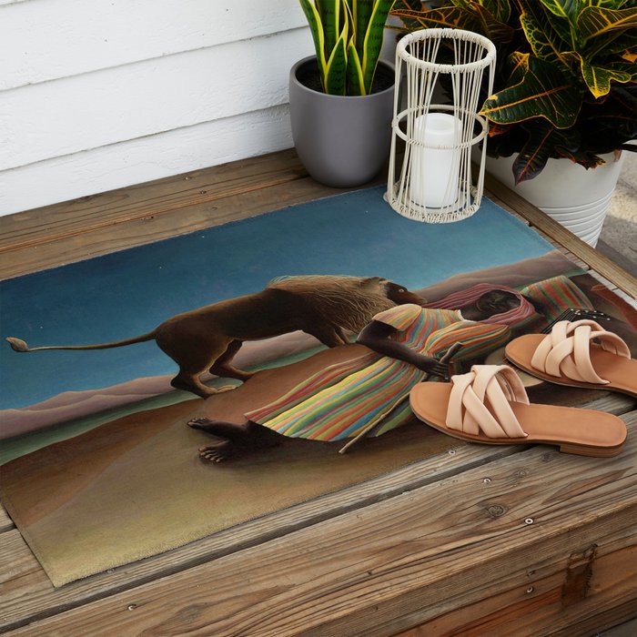 'The Sleeping Gypsy' Lion and Moon While Sleeping in the Desert by Henri Rousseau Outdoor Rug Gallery Image 2