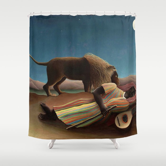 'The Sleeping Gypsy' Lion and Moon While Sleeping in the Desert by Henri Rousseau Shower Curtain Gallery Image 1