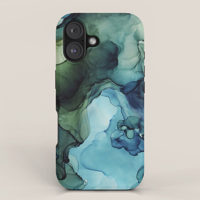Land and Water Abstract Ink Painting Blues and Greens iPhone Case Gallery Image 1