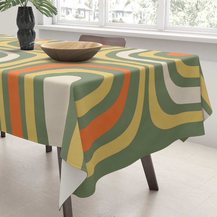 Retro Abstract Boho Confaab Vertical Pattern in Mossy Olive Green Orange Yellow Tablecloth Gallery Image 3