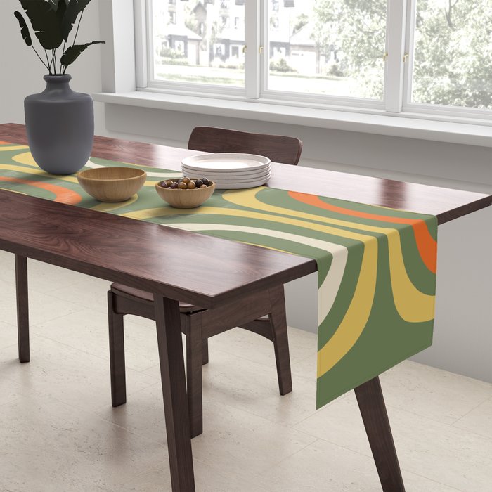 Retro Abstract Boho Confaab Vertical Pattern in Mossy Olive Green Orange Yellow Table Runner Gallery Image 2