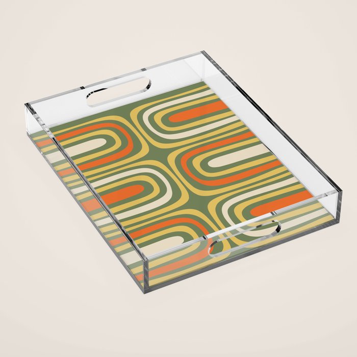 Retro Abstract Boho Confaab Vertical Pattern in Mossy Olive Green Orange Yellow Acrylic Tray Gallery Image 1
