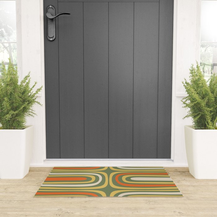 Retro Abstract Boho Confaab Vertical Pattern in Mossy Olive Green Orange Yellow Welcome Mat Gallery Image 3