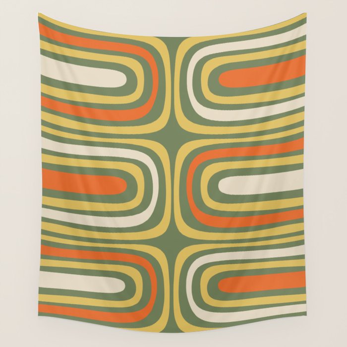 Retro Abstract Boho Confaab Vertical Pattern in Mossy Olive Green Orange Yellow Wall Tapestry Gallery Image 4