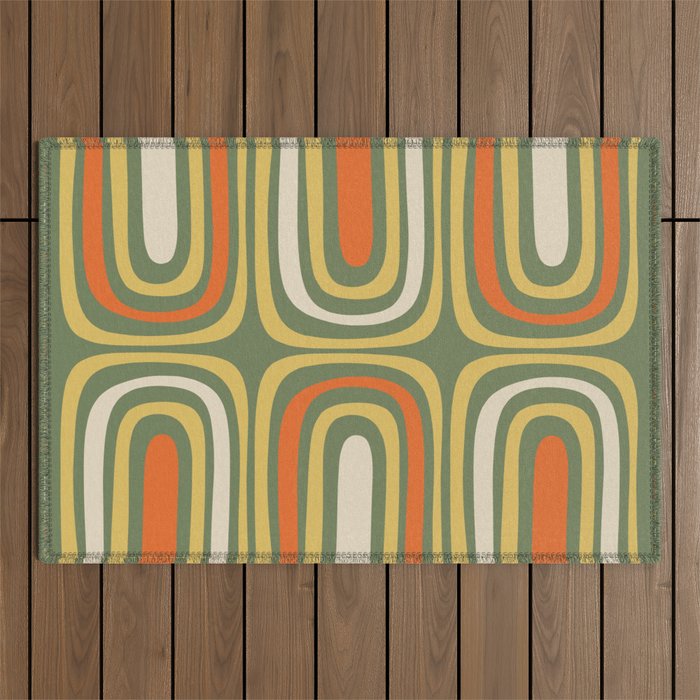 Retro Abstract Boho Confaab Vertical Pattern in Mossy Olive Green Orange Yellow Outdoor Rug Gallery Image 1