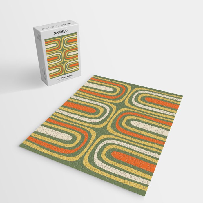 Retro Abstract Boho Confaab Vertical Pattern in Mossy Olive Green Orange Yellow Jigsaw Puzzle Gallery Image 2