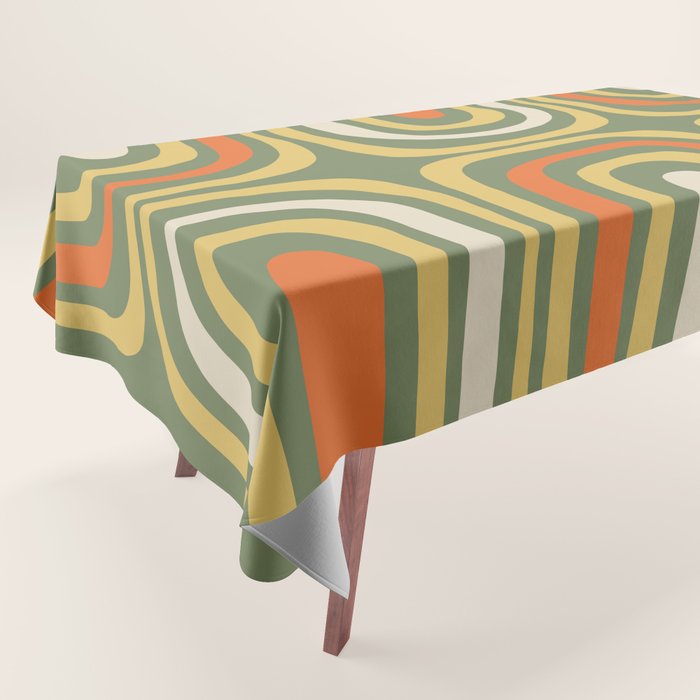 Retro Abstract Boho Confaab Vertical Pattern in Mossy Olive Green Orange Yellow Tablecloth Gallery Image 1